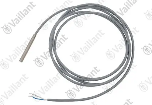 Temperatursensor mit metalisiertem Gehäuse und grauem Kabel, ausgestattet mit zwei isolierten Drähten, produziert von Vaillant.